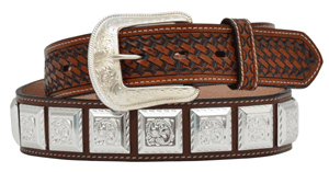 3D Western Mens Belt Leather Tooled Basketweave Square Conchos Brown 1071 